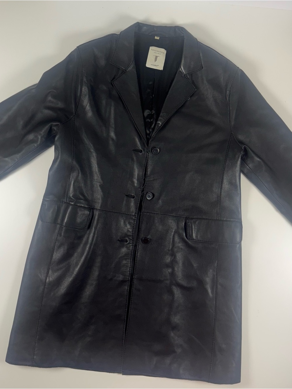 Men's Black Leather Button-Front Trench Coat